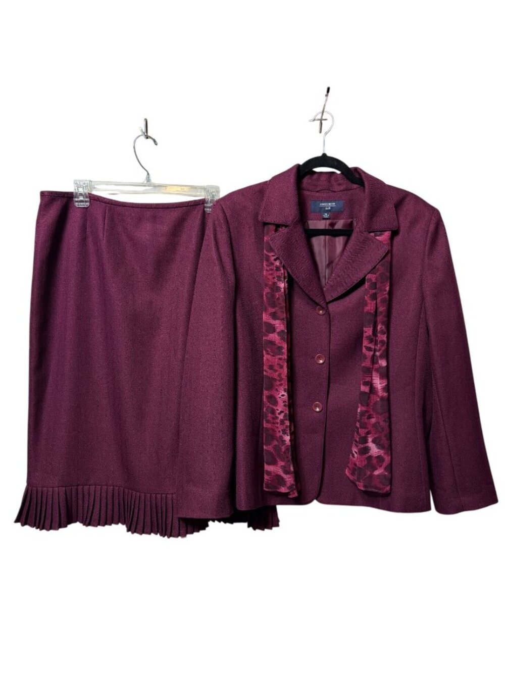 Jones Wear Women’s Burgundy Herringbone 3 Piece Blazer Skirt Suit Scarf Size 18